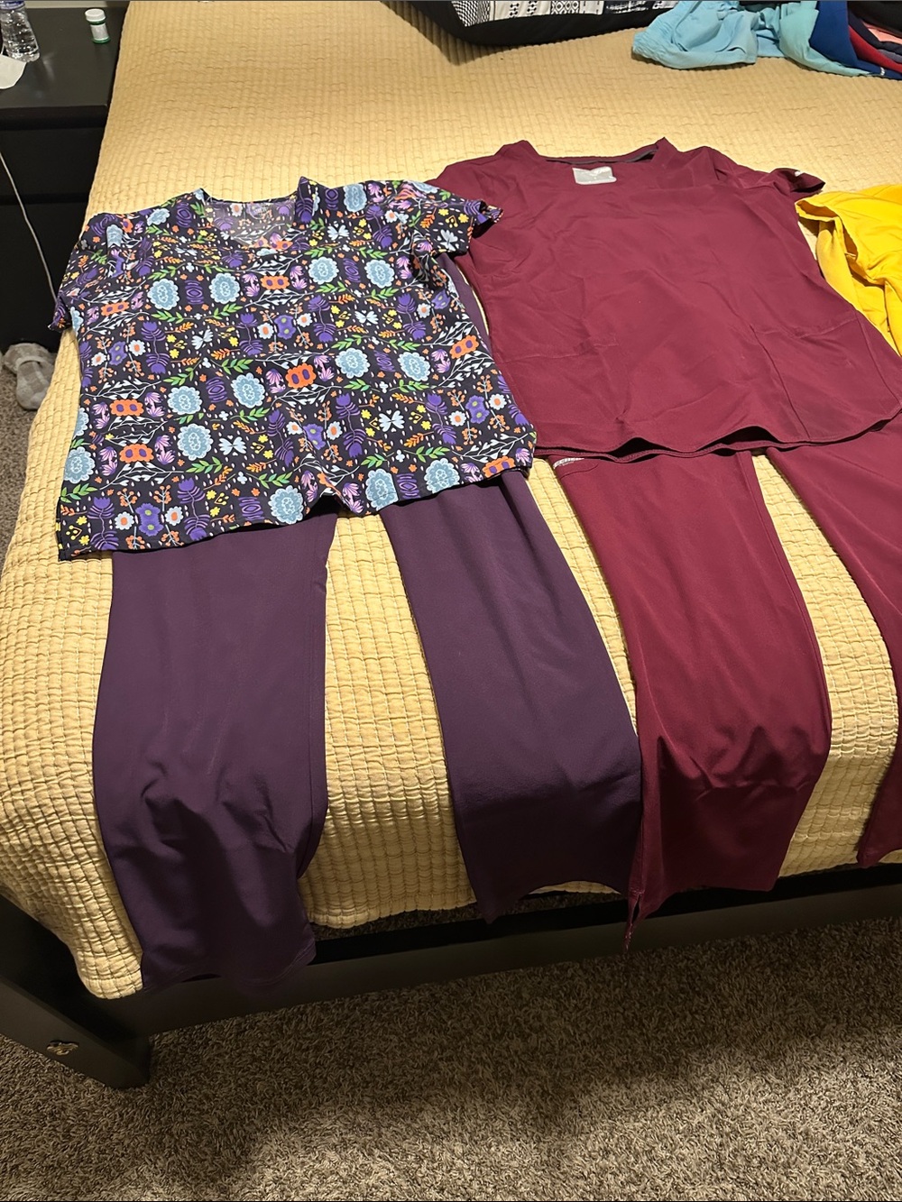 Multiples Purple Floral and Solid Plum Women's scrub Set